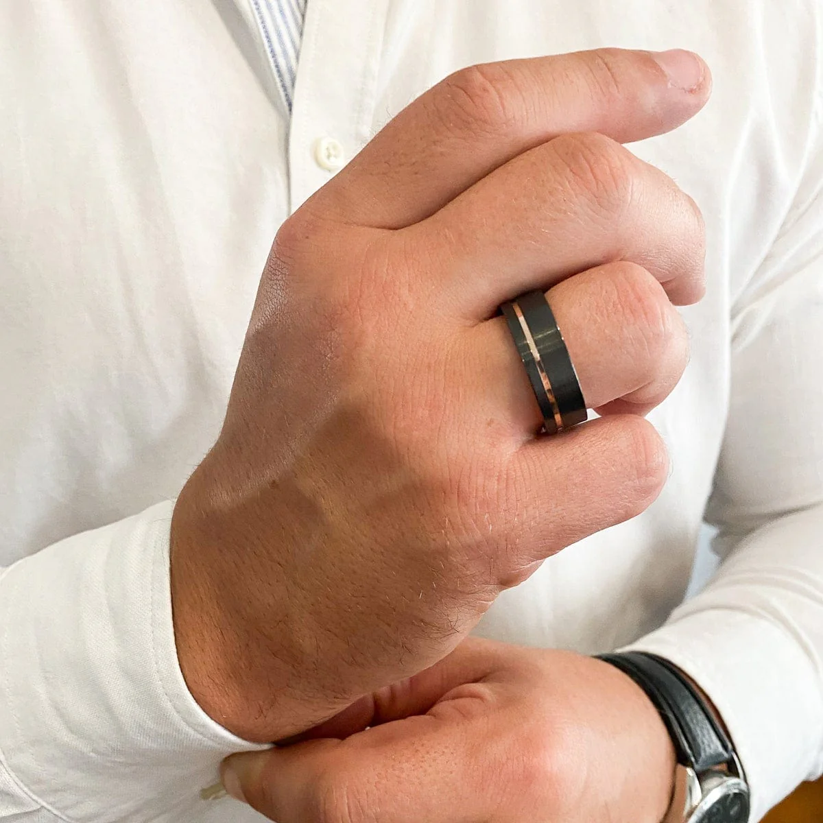 Men’s Rose Gold Accent Black Zirconium Ring - Image 3