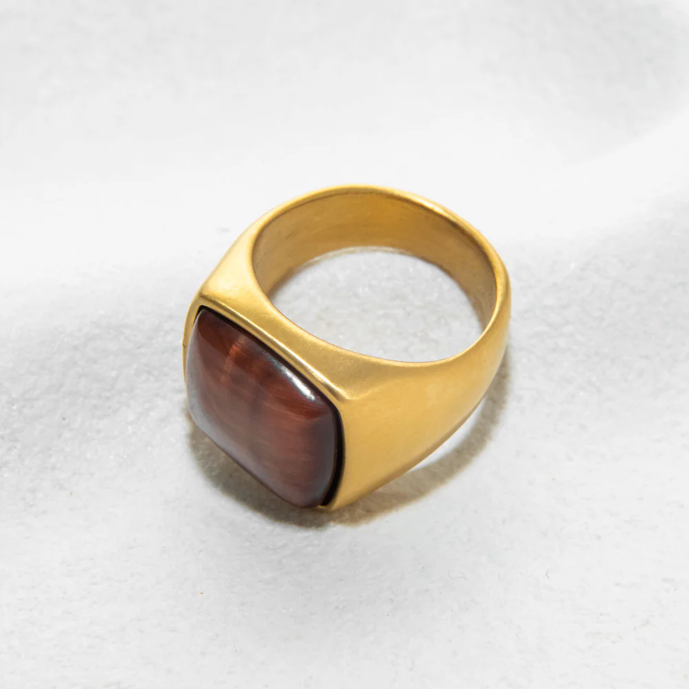 Men's Gold Square Tiger Eye Signet Ring - Image 4